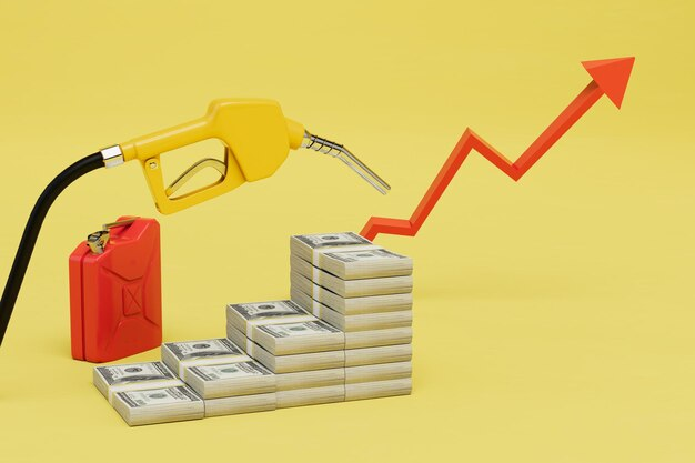 Illustration showing a yellow fuel pump nozzle, a red fuel can, stacks of dollar bills arranged as steps, and a rising red arrow, symbolizing increasing fuel prices or costs.