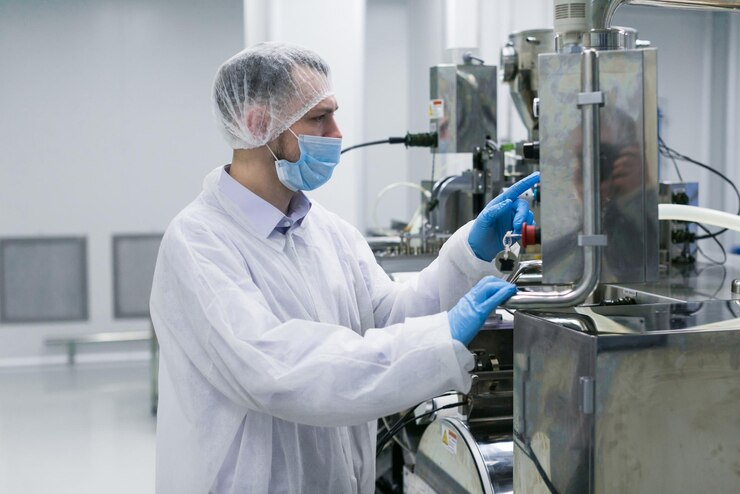 A technician wearing protective clothing, including a lab coat, hairnet, face mask, and gloves, operates machinery in a clean and sterile industrial food processing facility.