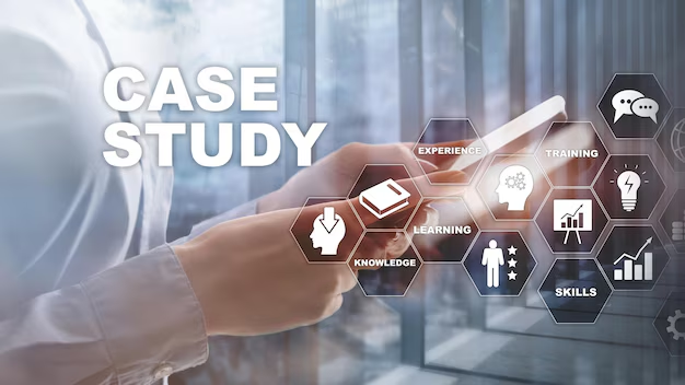 A professional holding a tablet with the words "Case Study" displayed prominently. Surrounding the text are hexagonal icons representing concepts like experience, training, learning, knowledge, skills, and growth, symbolizing the integration of technology and expertise in case studies.