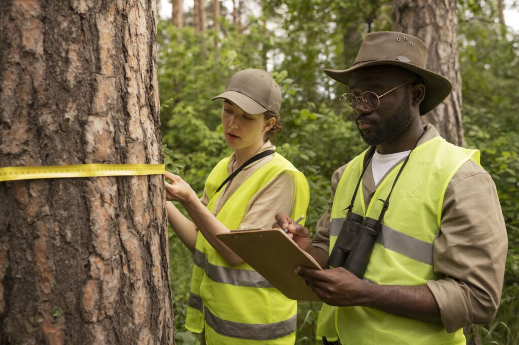 Side view forest wardens wearing vests