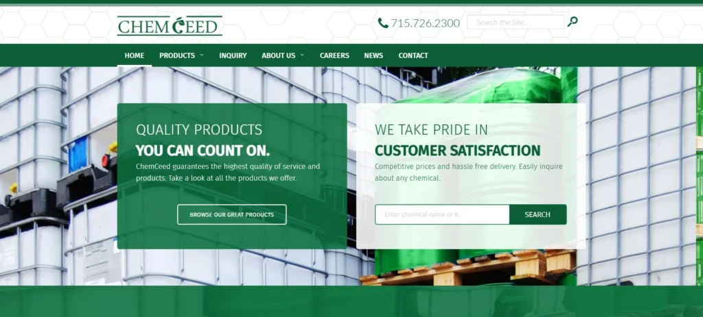 ChemCeed homepage screenshot — caustic soda supplier and distributor website