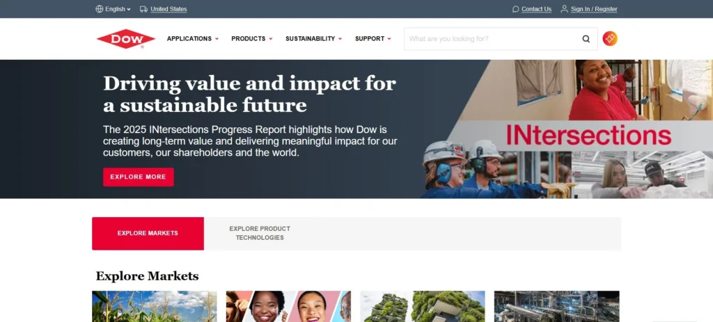 Dow homepage screenshot — integrated producer and supplier of caustic soda