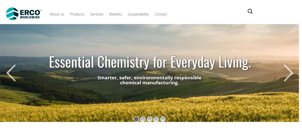 ERCO Worldwide homepage screenshot — membrane-grade caustic soda producer and supplier