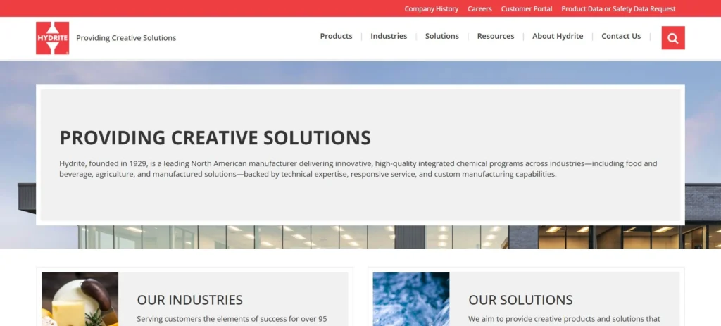 Hydrite Chemical Co. homepage screenshot — supplier of caustic soda flakes, beads and liquid