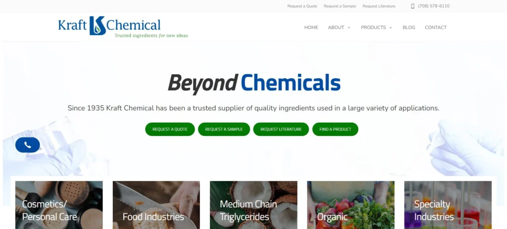 Kraft Chemical homepage screenshot — caustic soda ingredient supplier since 1935