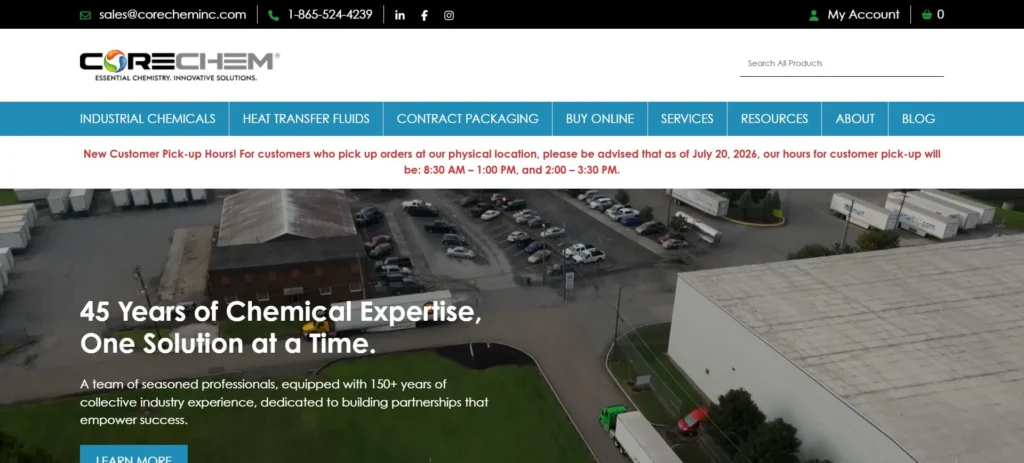 CORECHEM homepage screenshot — glacial acetic acid supplier and distributor