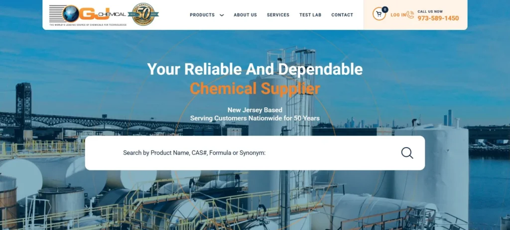GJ Chemical homepage screenshot — glacial acetic acid supplier and distributor