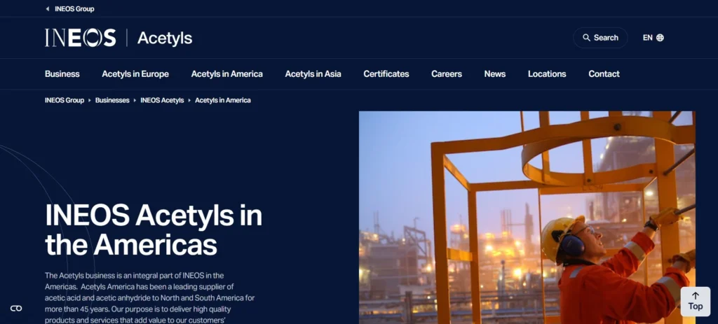 INEOS Acetyls in America homepage screenshot — glacial acetic acid producer