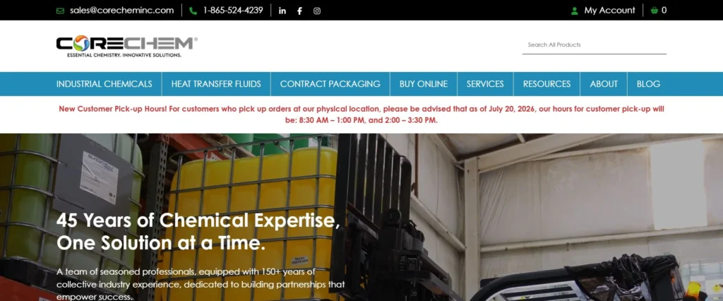 CORECHEM homepage screenshot — bulk hydrochloric acid supplier and distributor