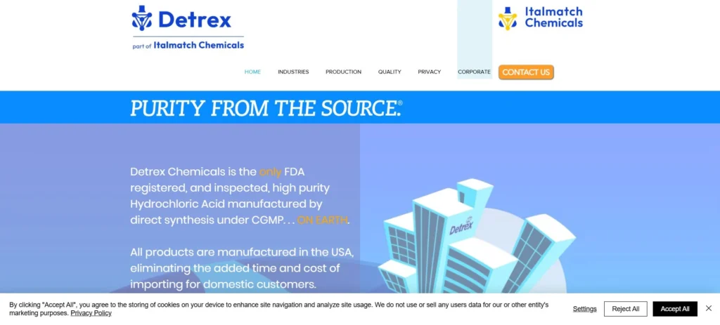 Detrex Chemicals homepage screenshot — high-purity hydrochloric acid producer