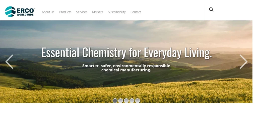 ERCO Worldwide homepage screenshot — hydrochloric acid producer and supplier