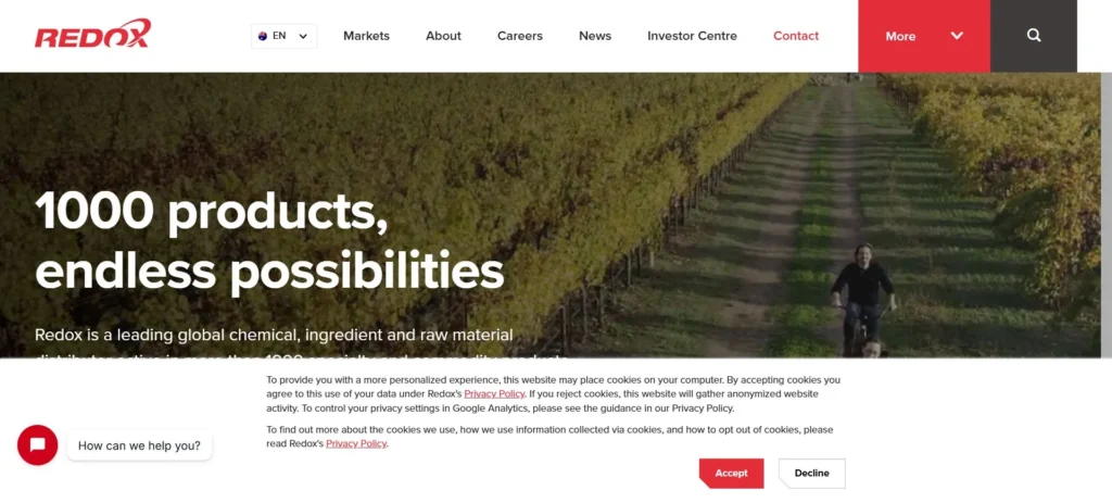Redox homepage screenshot — hydrochloric acid supplier and distributor
