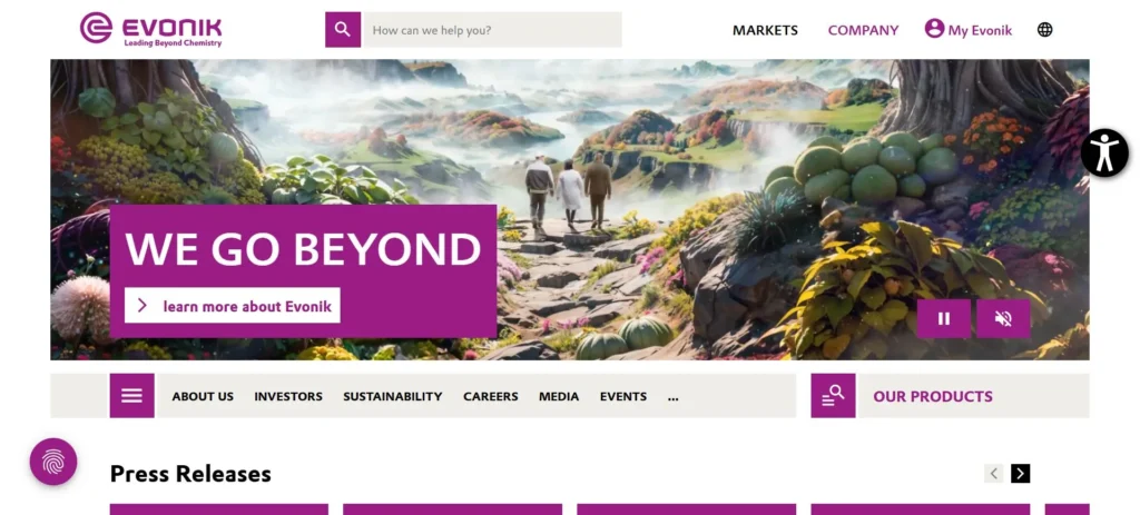 Evonik homepage screenshot — hydrogen peroxide producer