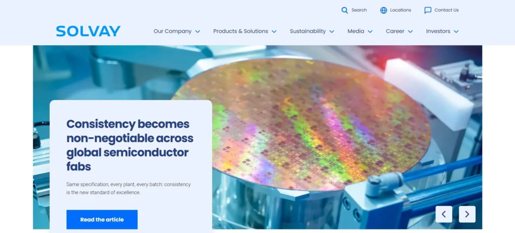 Solvay homepage screenshot — global hydrogen peroxide producer and supplier