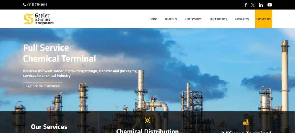 Seeler Industries homepage screenshot — hydrogen peroxide distributor and dilution service