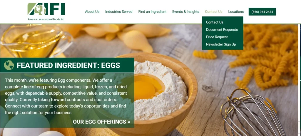 American International Foods homepage screenshot — food-industry hydrogen peroxide supplier and distributor