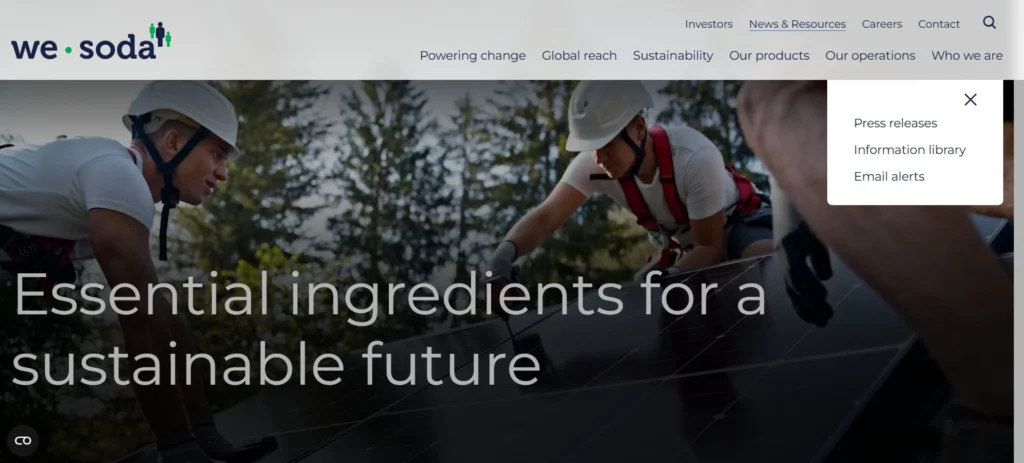 WE Soda homepage screenshot — natural soda ash producer