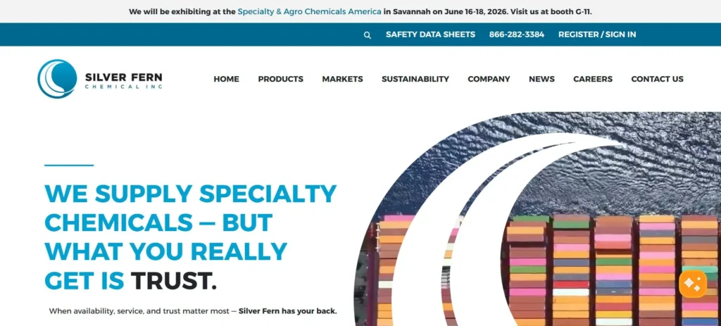 Silver Fern Chemical homepage screenshot — soda ash supplier and distributor