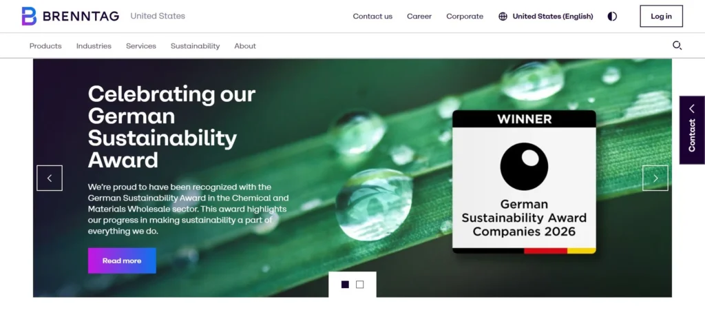 Brenntag North America homepage screenshot — soda ash supplier and distributor