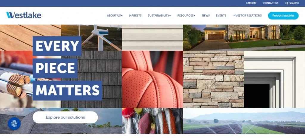 Westlake Chemical homepage screenshot — caustic soda producer offering liquid and beads
