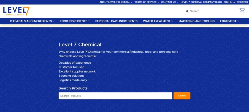 Level 7 Chemical homepage screenshot — glacial acetic acid supplier and distributor