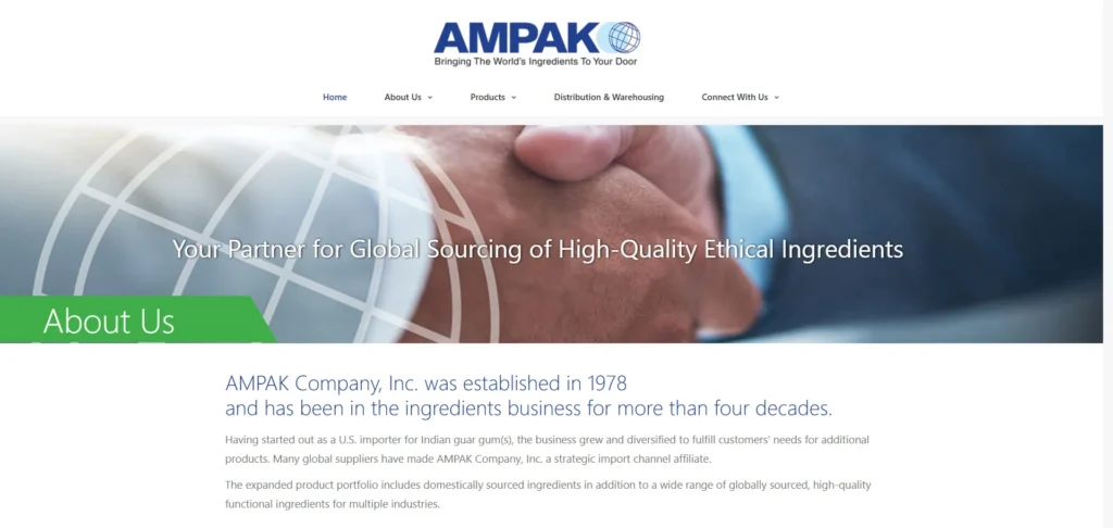 AMPAK Company homepage for guar gum importing and ingredient supply in the USA