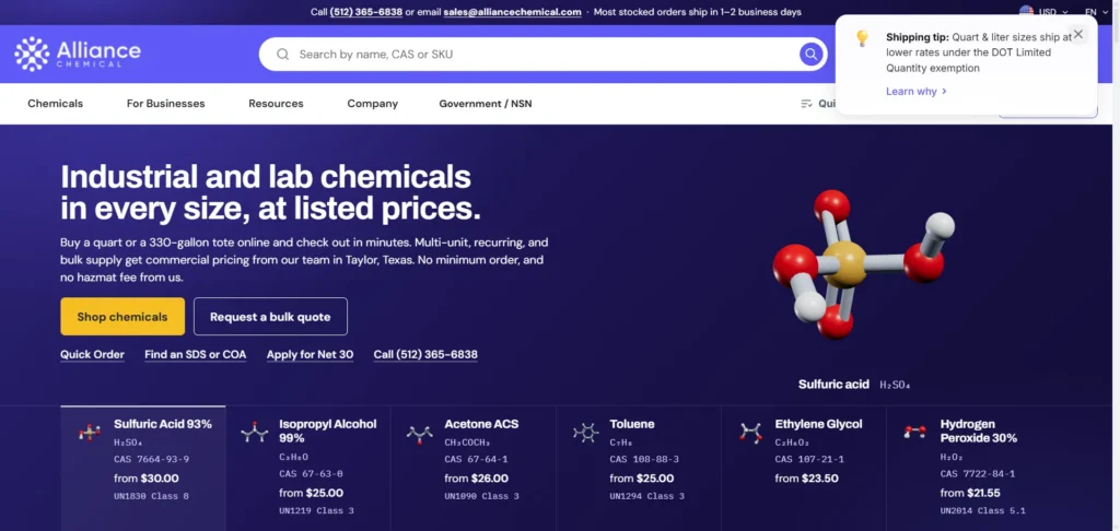 Alliance Chemical homepage — supplier of isopropyl alcohol in multiple grades and concentrations