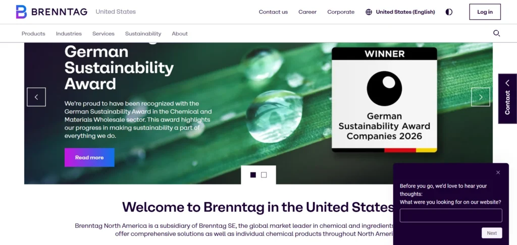 Brenntag U.S. homepage highlighting chemical and ingredient distribution across North America.