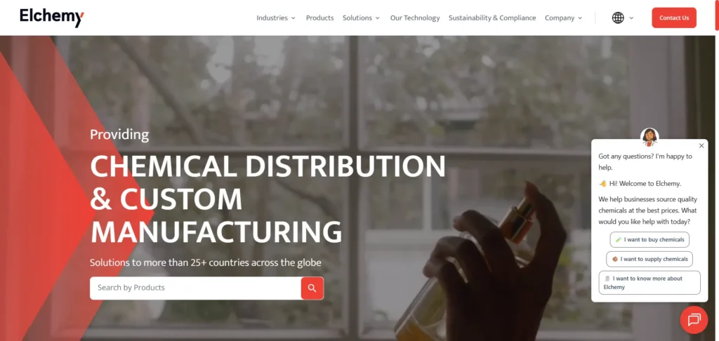 Elchemy homepage showcasing chemical distribution, ingredient sourcing and supply chain services for U.S. businesses.