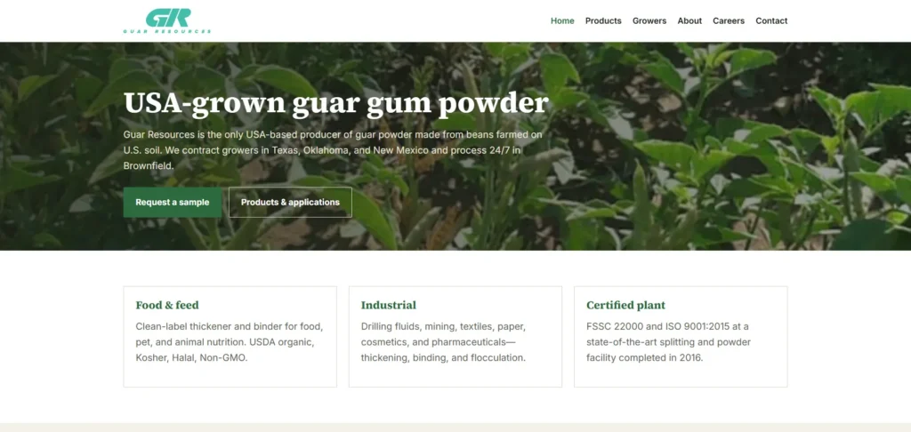 Guar Resources homepage for U.S.-grown and processed guar gum powder
