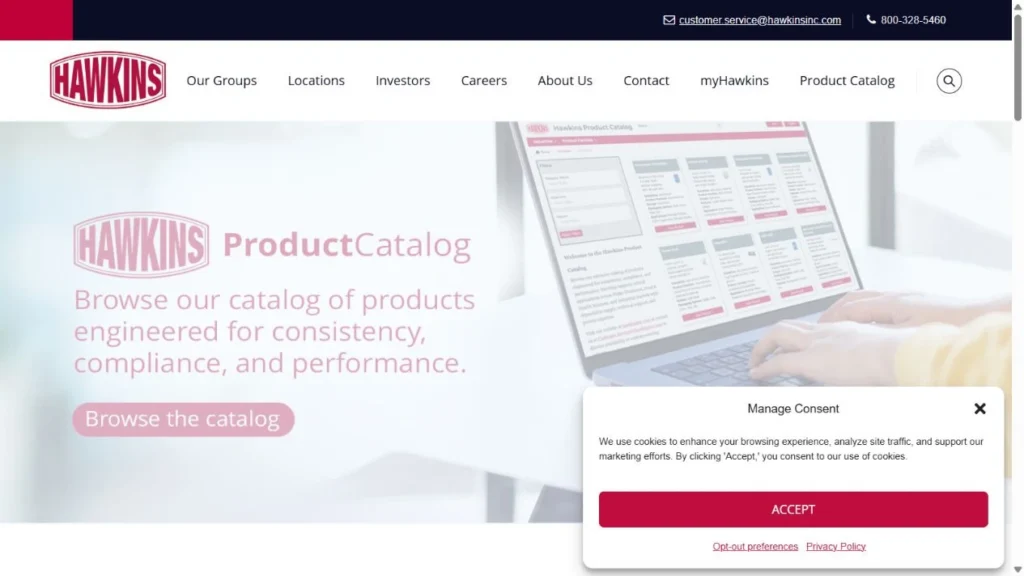 Hawkins homepage showcasing chemical, ingredient, water treatment and industrial supply services.