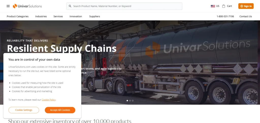 Univar Solutions homepage featuring chemical and ingredient distribution, product categories and supply chain services.
