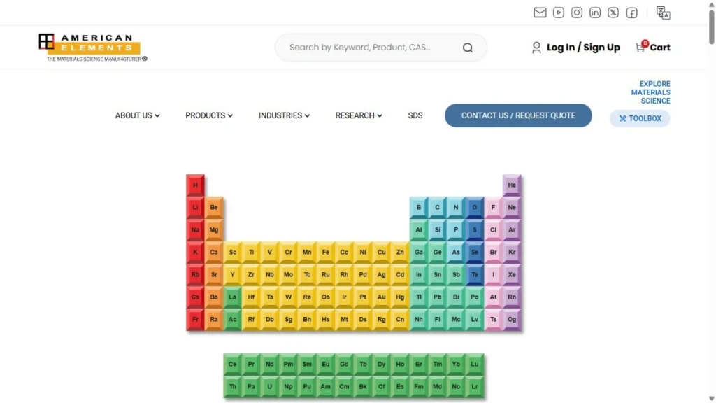 American Elements homepage featuring its advanced materials and specialty chemical products.