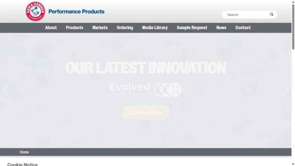 ARM & HAMMER Performance Products homepage featuring commercial bicarbonate products and industrial solutions.