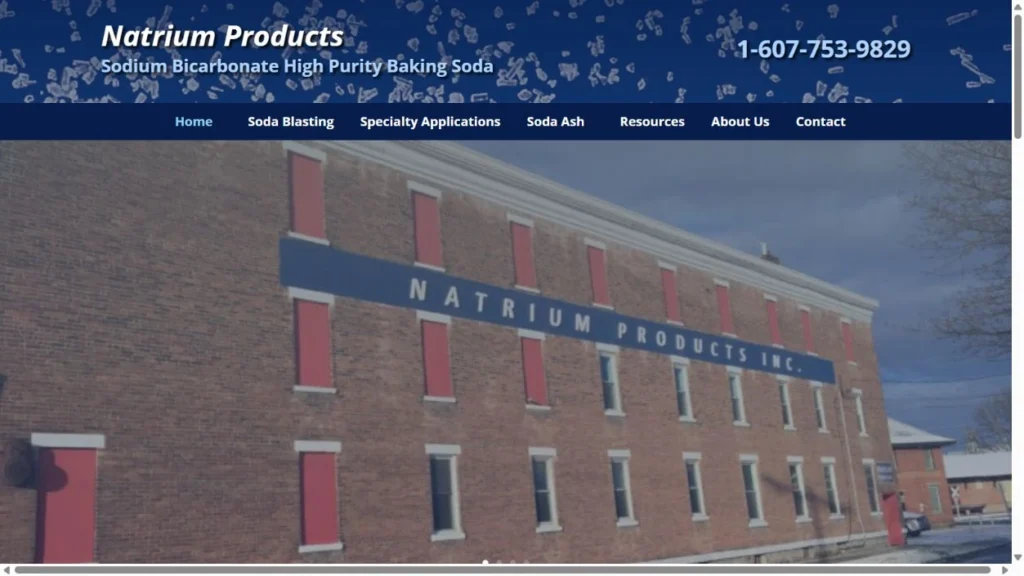 Natrium Products homepage highlighting standard and specialty sodium bicarbonate grades for North American buyers.