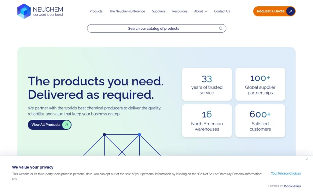 Neuchem homepage featuring chemical products, supplier partnerships, and North American distribution.