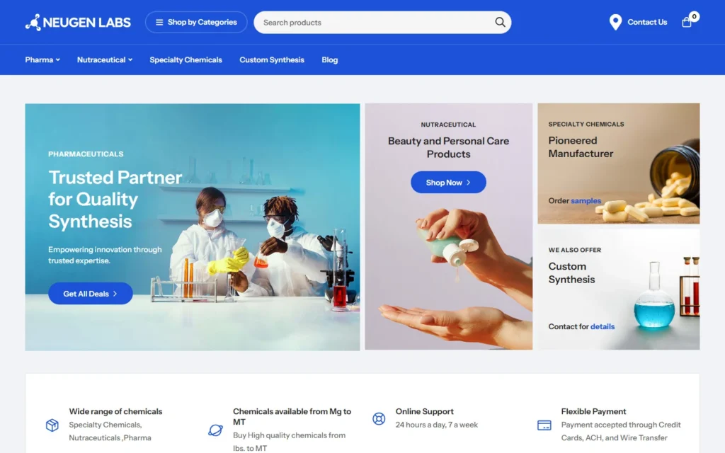 Neugen Labs homepage presenting pharmaceutical, nutraceutical, and specialty chemical manufacturing services.