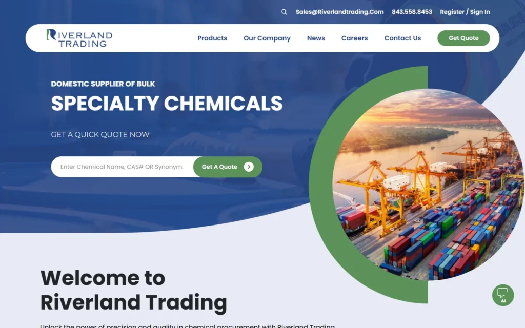 Riverland Trading homepage showcasing bulk specialty chemicals and chemical distribution services.