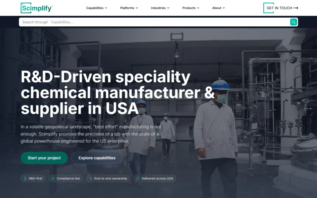 Scimplify homepage highlighting R&D-driven specialty chemical manufacturing and supply in the USA.