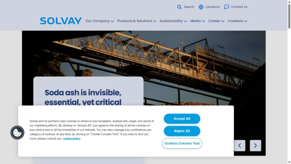 Solvay homepage presenting global essential chemistry products, solutions and sustainability initiatives.
