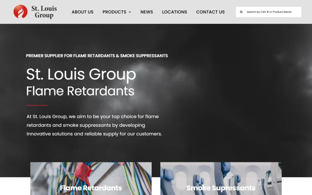 St. Louis Group homepage highlighting flame retardants and smoke suppressant products.